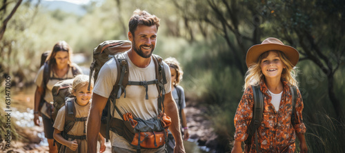 Happy family with small kids enjoying a hike in a forest on sunny summer day. Active family leisure with children. Hiking and trekking on a nature trail.