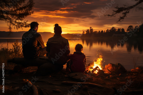 Happy family with kid sitting by a bonfire on warm summer night. Active family leisure with children. Hiking and trekking on a nature trail.