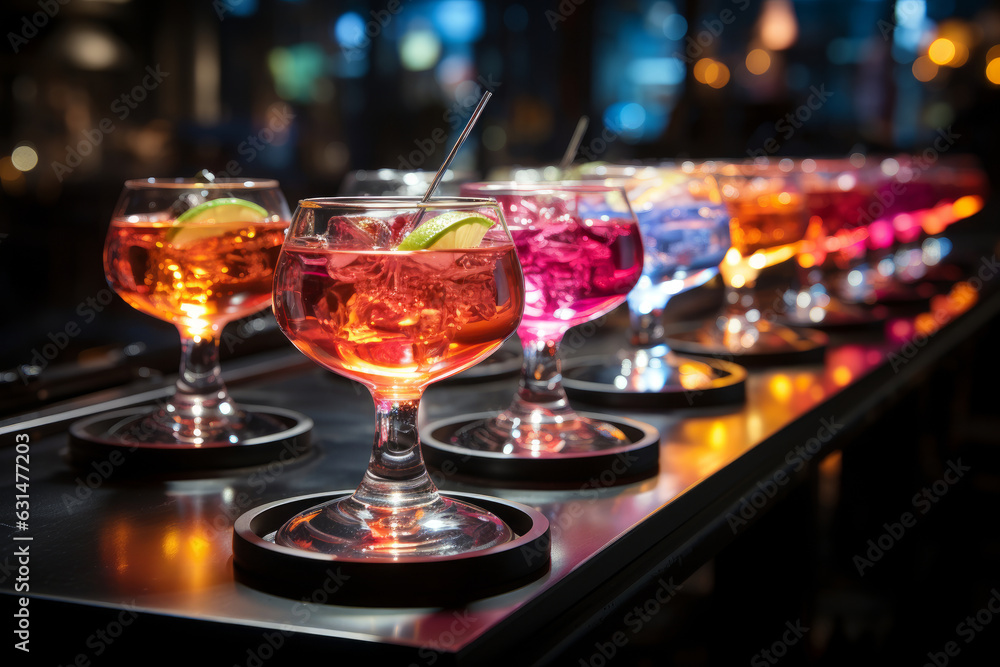 A row of glowing colourful cocktails in futuristic looking bar. Alcoholic beverages served during a party night.