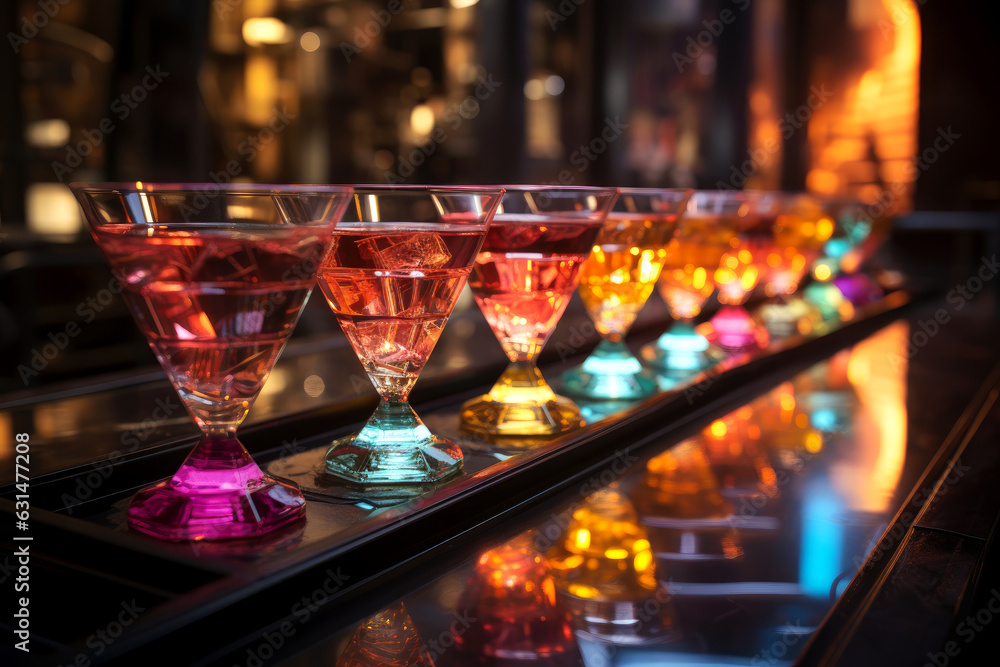 A row of glowing colourful cocktails in futuristic looking bar. Alcoholic beverages served during a party night. A row of glowing colourful cocktails in futuristic looking bar. Alcoholic beverages served during a party night.