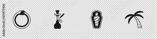 Set Magic symbol of Ouroboros, Hookah, Egypt mummy in sarcophagus and Tropical palm tree icon. Vector