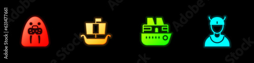 Set Walrus animal, Viking ship Drakkar, Cruise and head icon. Vector