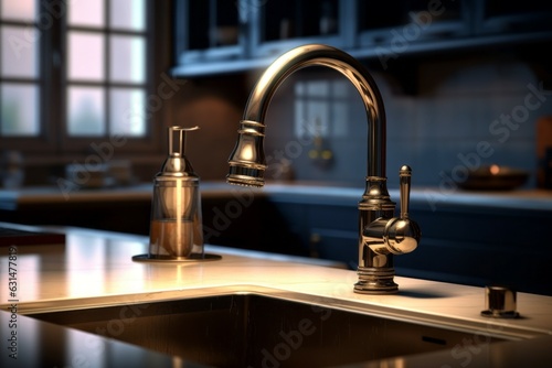 Close-up of a kitchen faucet. Modern kitchen interior design concept. AI generated  human enhanced
