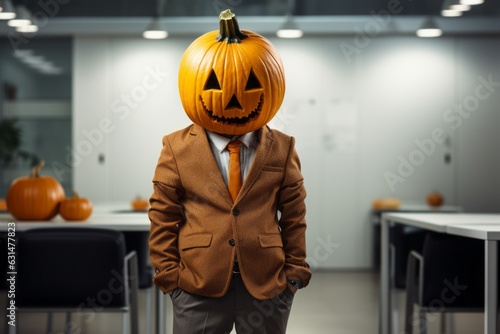 Businessman in a suit with a pumpkin in place of his head. Halloween concept. Background with selective focus and copy space