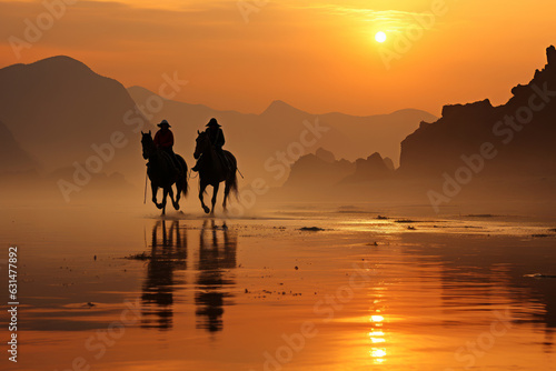 Group of people horse riding on the beach at sunrise. Foggy morning on a sandy beach.