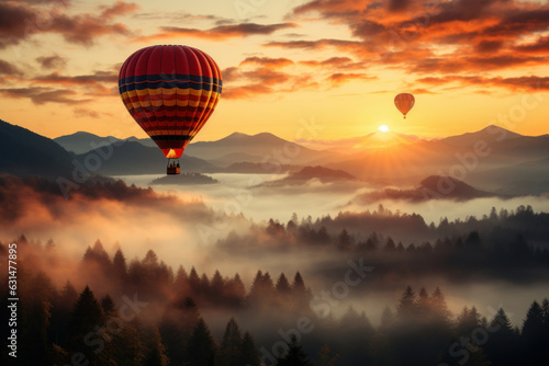 Colourful hot air balloon floating over distant fields and meadows covered with fog on sunny sunrise. © MNStudio