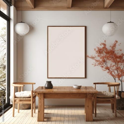 home interior design mock up template showcase dinning room in natutal wooden colour material scheme ideas concept with frame of sample artwork photoframe on the wall background ,ai generate photo