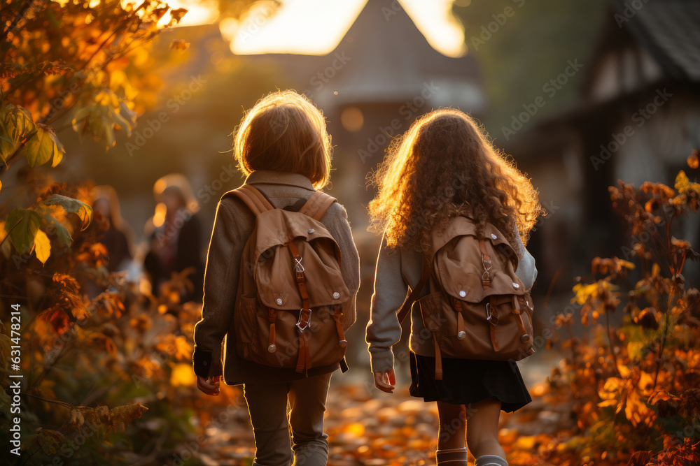 Group of small children going back to school on sunny autumn day. Kids with backpacks on first day of kindergarten. Heading to school in the morning.