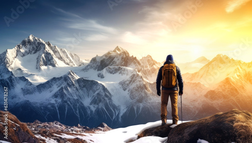 close up portrait of hiker looking at the horizon in the mountains, AI generated