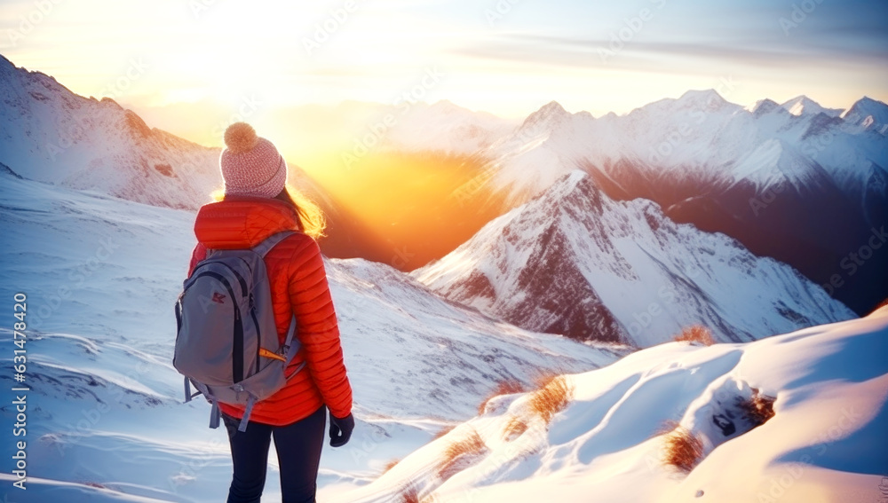 A tourist girl with a backpack admires the sunset from the top of the mountain. A traveler on the background of mountains. close-up, AI generated