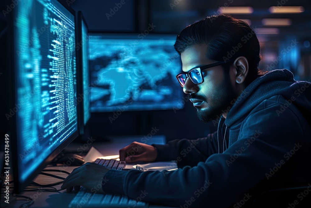 Male programmer in eyeglasses works in front of multiple monitors in the office. Young male financial analyst in eyeglasses works in front of multiple monitors in the office. Tracking quotes in real Male programmer in eyeglasses works in front of multiple monitors in the office. Young male financial analyst in eyeglasses works in front of multiple monitors in the office. Tracking quotes in real