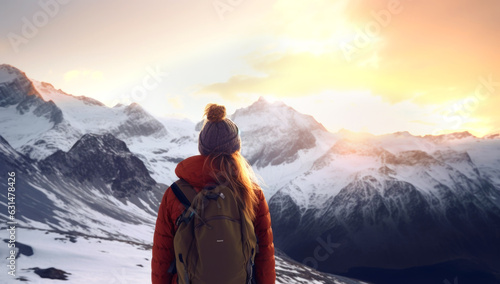 A tourist girl with a backpack admires the sunset from the top of the mountain. A traveler on the background of mountains. close-up, AI generated