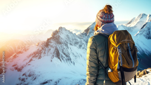 A tourist girl with a backpack admires the sunset from the top of the mountain. A traveler on the background of mountains. close-up, AI generated © millenius