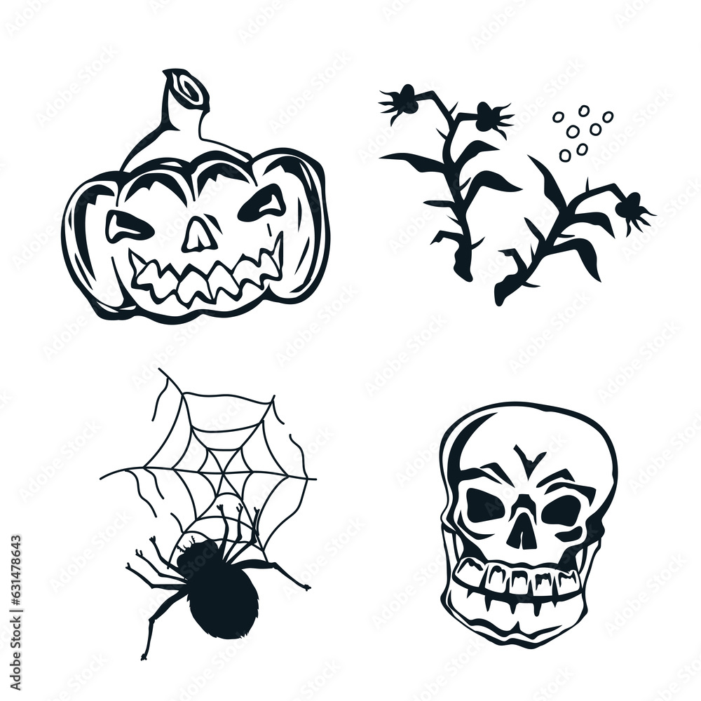 Halloween icons or stickers set in black and white stamp graphic style. Halloween design elements with skull, spider and bats, hand drawn vector illustration isolated on white background. Halloween icons or stickers set in black and white stamp graphic style. Halloween design elements with skull, spider and bats, hand drawn vector illustration isolated on white background.