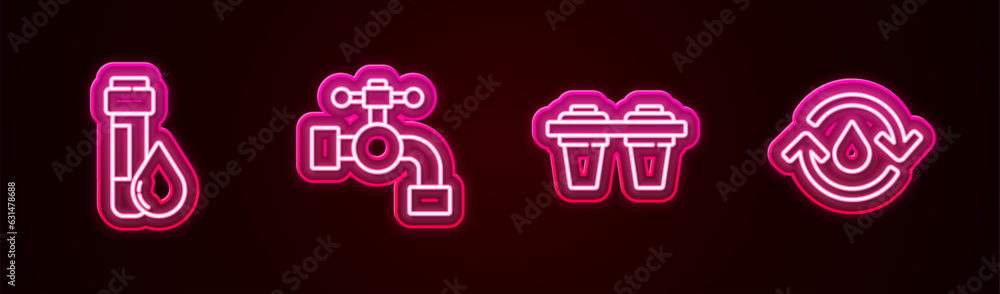 Set line Test tube with water drop, Water tap, filter and Recycle clean aqua. Glowing neon icon. Vector Set line Test tube with water drop, Water tap, filter and Recycle clean aqua. Glowing neon icon. Vector