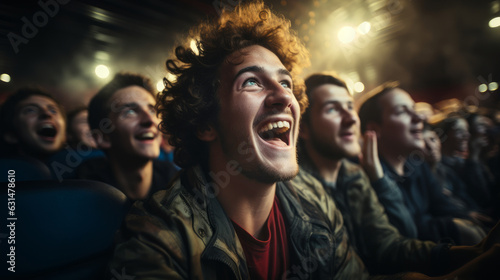 Group of people watching a movie in cinema. Men and women with excited expressions on their faces.