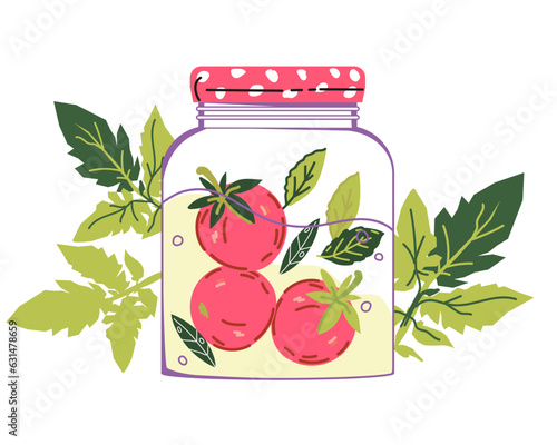 Jar with pickled vegetables, salted or marinated in vinegar tomatoes, hand drawn vector illustration isolated on white background. Pickled tomatoes can for grocery labels and textile print.