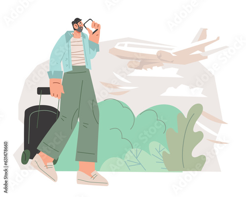 Tourist traveling on vacation by plane, flat vector illustration isolated on white background. Man traveler with a suitcase arriving or landing at airport.