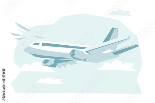 Plane flies in the sky among the clouds. Airplane takeoff for airline logo, airline tickets and travel advertising, flat vector illustration isolated on white background.