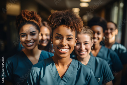 Beautiful smiling female nurses and doctors wearing scrubs in a hospital. Cheerful multiracial medical team portrait. Diverse woman staff of a clinic.