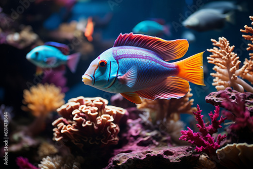 Colourful fish swimming in underwater coral reef landscape. Deep blue ocean with colorful fish and marine life. © MNStudio