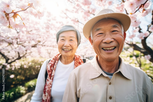 Foto Happy senior asian couple walking a blossoming sakura park on spring evening