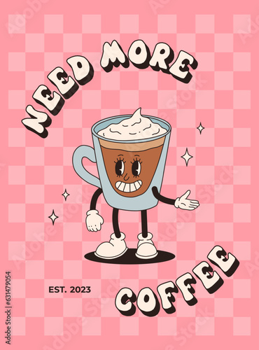 Retro poster with coffee mascot, cartoon characters, funny colorful doodle style characters, cappuccino, cocoa, latte, espresso, matcha, bobba. Vector groovy characters on colorful background photo