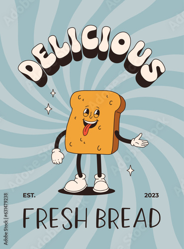 Vector cartoon retro mascot of bread, pastry, burger, sandwich. Vintage style 70s, 60s, 50s character. Groovy poster for bakery and restaurants
