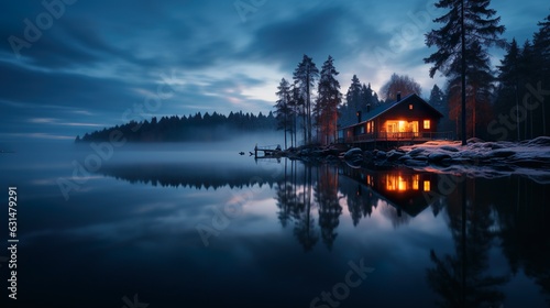 Reflection of the house on the lake made with Ai generative technology  Property is fictional