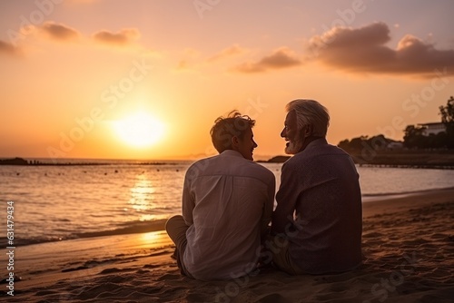 Senior lgbt man happy moment on the beach with golden hour with domestic life. © Prathankarnpap