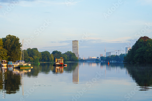 Boats anchoring on rummelsburg lake in Berlin, Germany