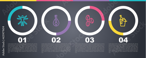 Set line Vitruvian Man, Mandolin, Coffee beans and Bottle wine bucket. Business infographic template. Vector