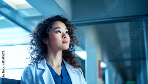 Young female doctor in white coat and eyeglasses looking at camera of tablet while standing in office of modern clinic, made with AI gereration