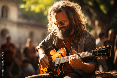 Cheerful street musicians performing in city park on sunny summer day. Performer playing a guitar. People gathering in the background.