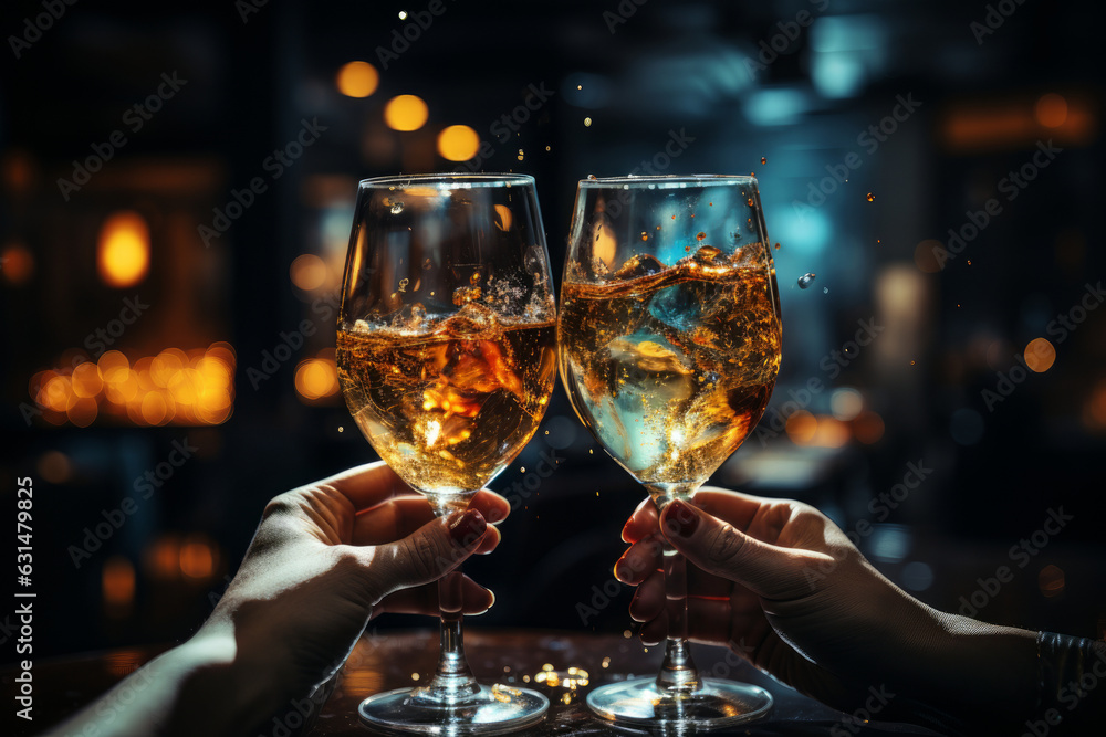 Two glasses of white wine toasting in the nigh with lights bokeh, glitter and sparks on the background.