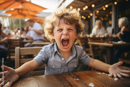 Toddler having a temper tantrum in a restaurant or cafe. Sad child screaming in anger in public. Kid misbehaving crying loudly. photo