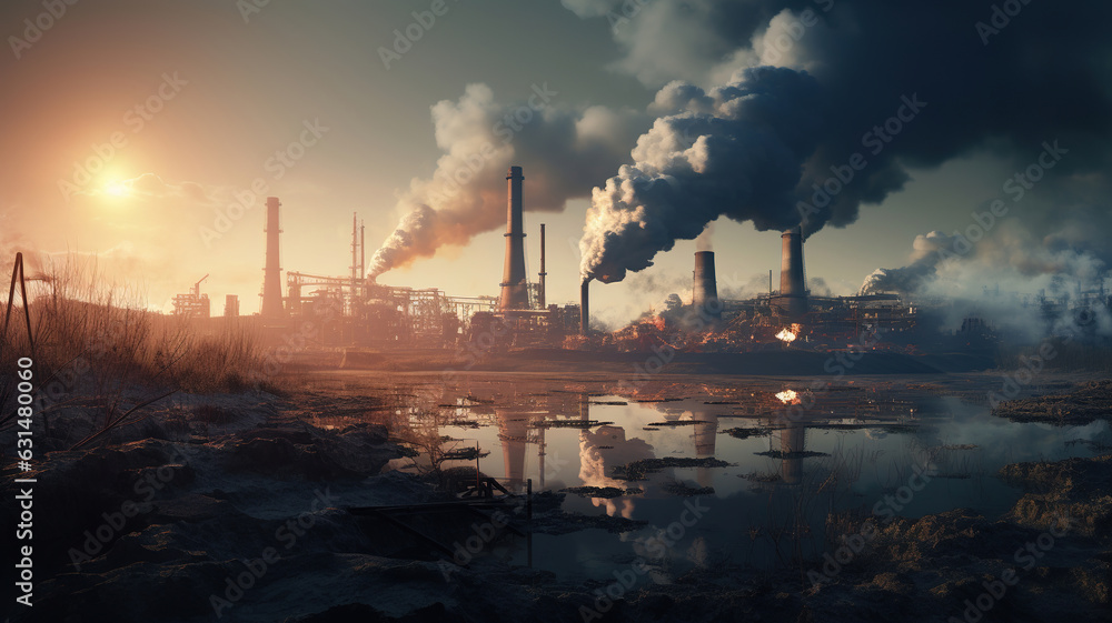 Heavy industry pollutes factory ecology catastrophe. Dirty air smog. Generative AI