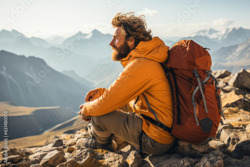 Male hiker wearing casual clothes admiring a scenic view from a mountain top. Adventurous young man with a backpack. Hiking and trekking on a nature trail. Traveling by foot.