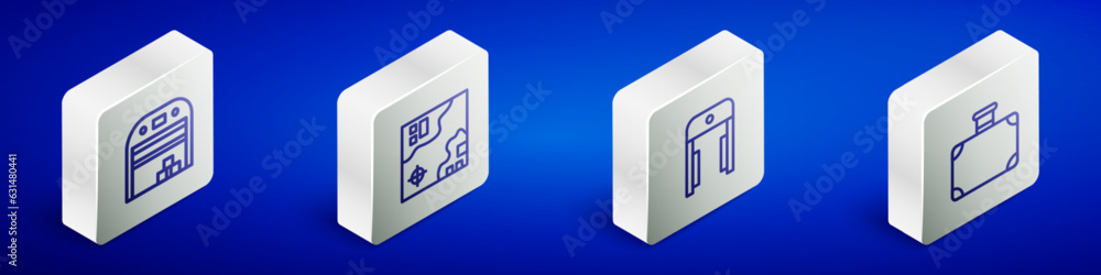 Set Isometric line Aircraft hangar, World travel map, Metal detector in airport and Suitcase icon. Vector Set Isometric line Aircraft hangar, World travel map, Metal detector in airport and Suitcase icon. Vector