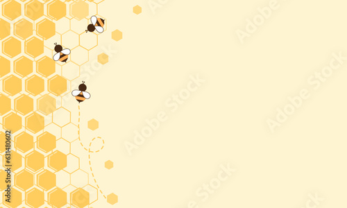 Beehive honey sign with hexagon grid cells and cute bee cartoon on yellow background vector.