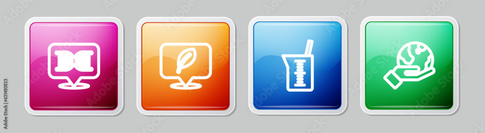 Set line DNA symbol, Location with leaf, Laboratory glassware or beaker and Hand holding Earth globe. Colorful square button. Vector Set line DNA symbol, Location with leaf, Laboratory glassware or beaker and Hand holding Earth globe. Colorful square button. Vector
