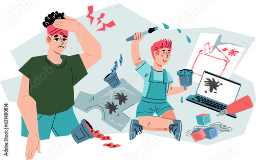 Tired stressed mom exhausts with naughty child, flat vector illustration isolated on white background. Stressed parenting, kids hyperactivity and behavioural problems.
