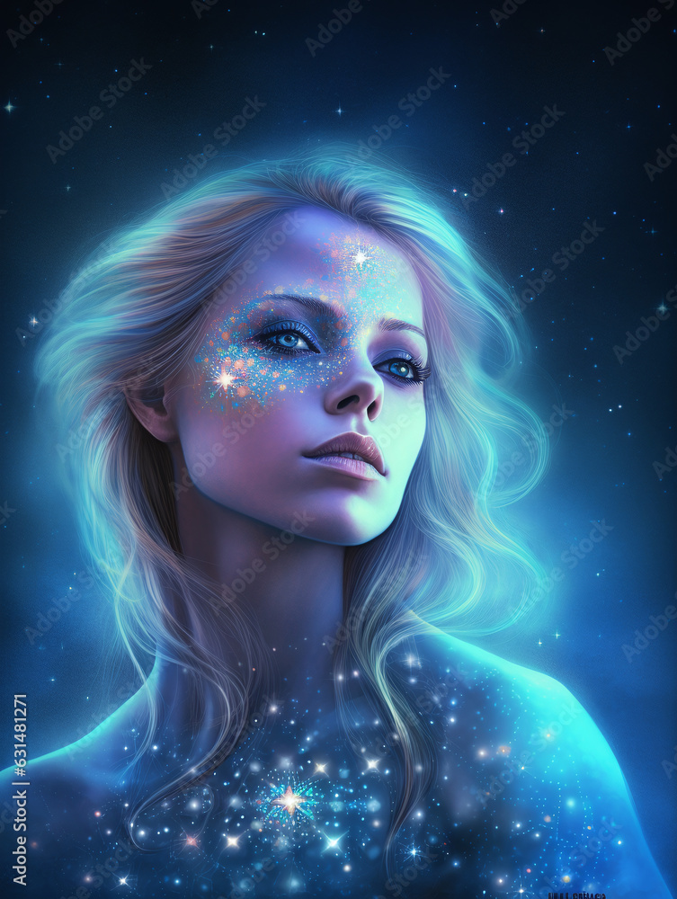 Beautiful blonde woman face cosmic style and stars option 1. AI generated