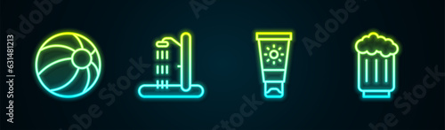 Set line Beach ball, shower, Sunscreen cream in tube and Wooden beer mug. Glowing neon icon. Vector