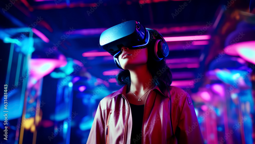 A girl looks into VR glasses on a luminous background of the city, made with AI gereration