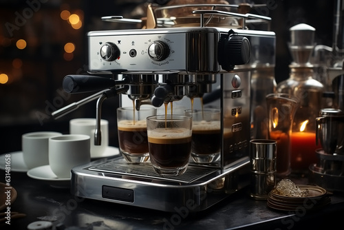 Close-up of espresso pouring from coffee machine. Generative AI.