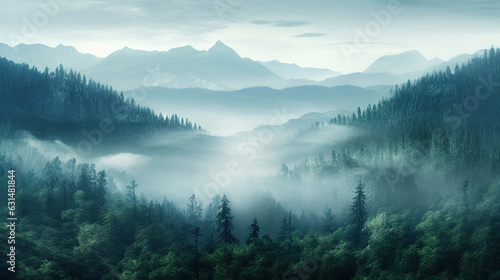 Beautiful morning mountain forest mist. Generative AI © Sewupari Studio