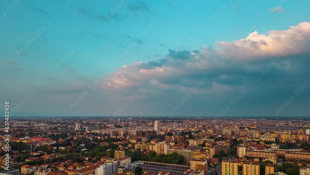 Skyline of a big city from a drone at sunset. Business and finance concept. Copy space