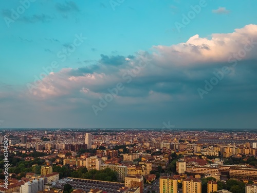 Cityscape at sunset Milan, Italy. Copy space