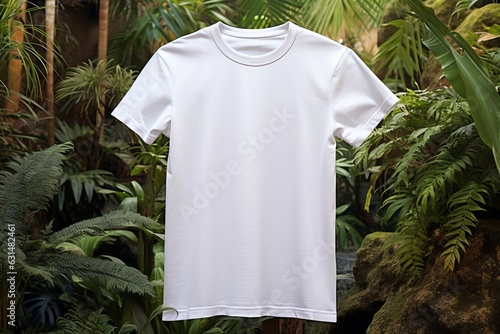 a mock-up of an empty white t-shirt hanging in the air in a tropical setting, a green jungle behind. a product design template.